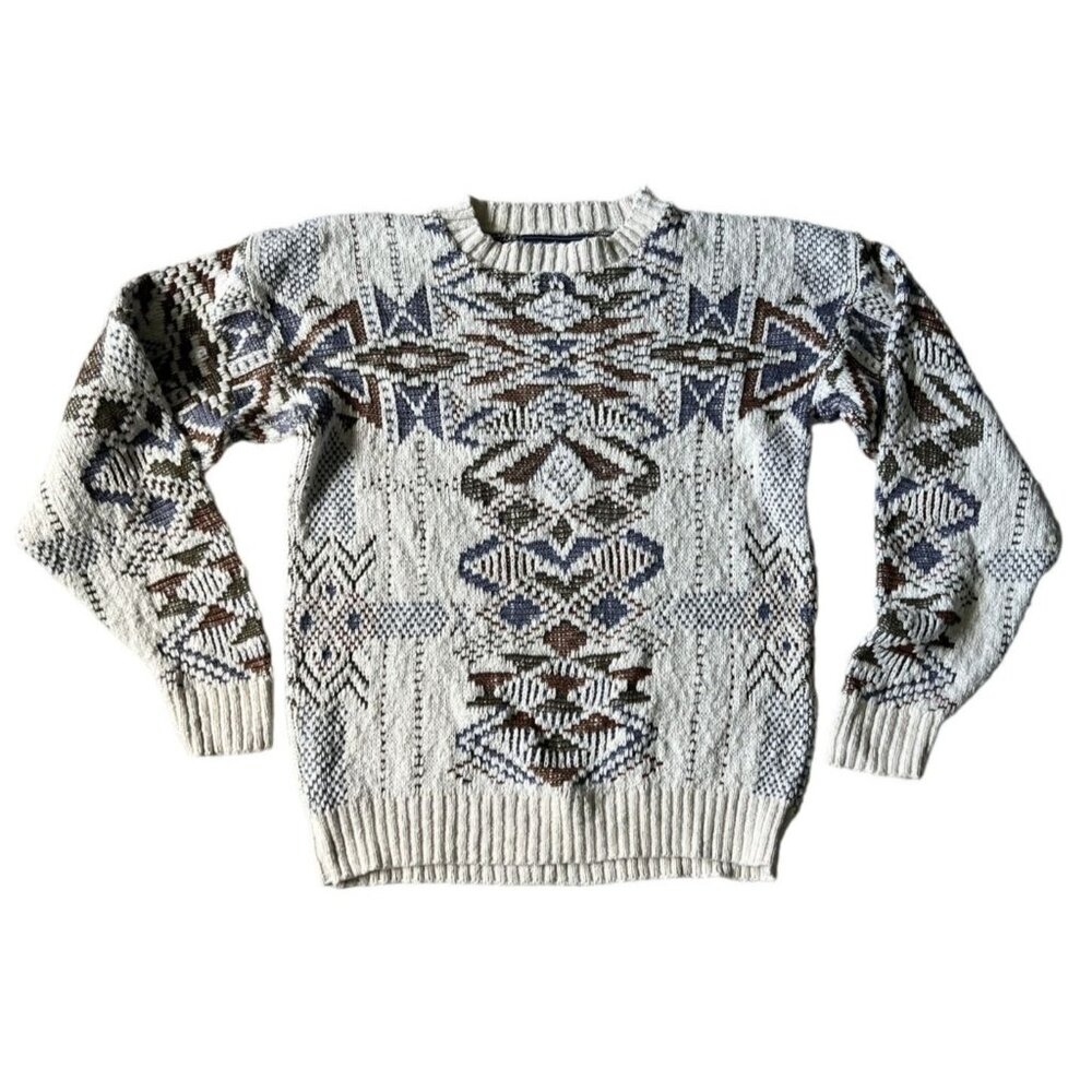 Crossings Vintage Southwestern Grandpa Sweater Cotton Blend Heavy Knit  L Cosby